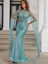 Turquoise Luxury Dubai Formal Evening Dresses Long Hand Beading Mermaid Prom Gown With Long Sleeves High Neck